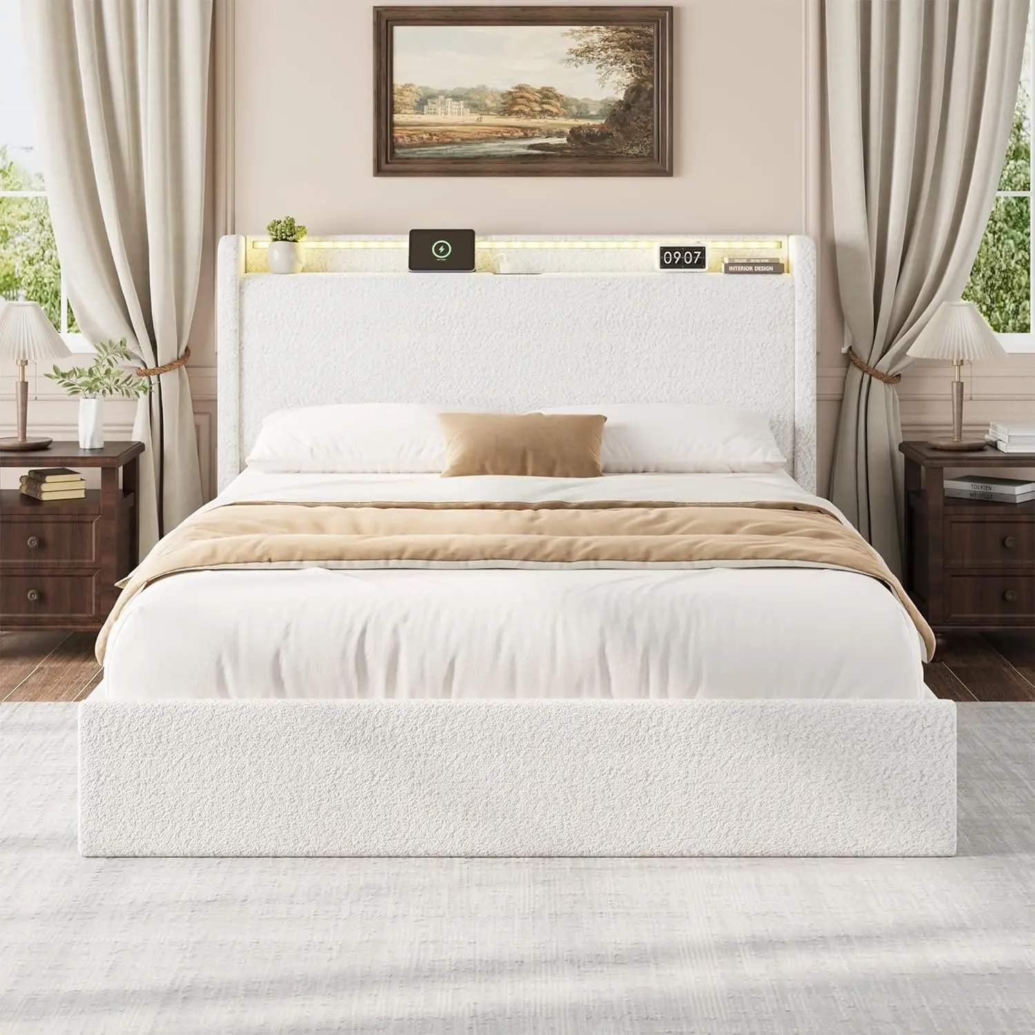 Durable White Queen Size Boucle Fabric Bed Frame - Storage Shelf Headboard with Color Changing LED Lighting, USB Port, 4 Drawers, Wood Slats, Bed Frame Storage Solutions, No Box Spring Needed, Easy Assembly