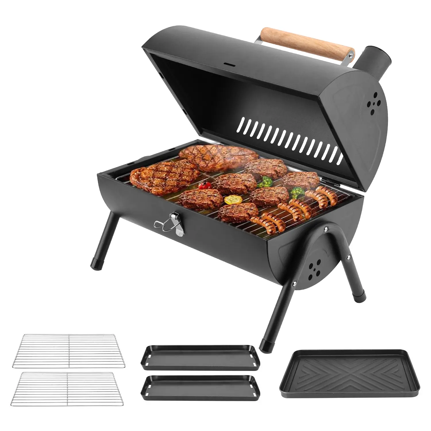 2-in-1 Portable Tabletop Charcoal BBQ Grill with Griddle Pan, Dual Cooking Area Small Barbecue Smoker, Lightweight Foldable Camping Grill for Backyard Picnic Beach Road Trip, Easy Clean Detachable Mini Outdoor Grill