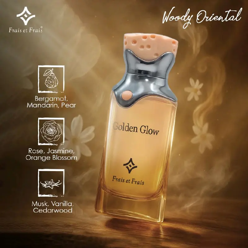 Frais et Frais Golden Glow Woody Oriental Perfume with Bergamot Mandarin Pear Rose Jasmine Orange Blossom Musk Vanilla Cedarwood