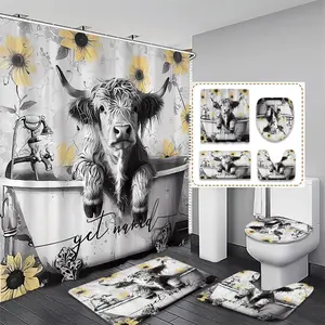 Highland Cow Sunflower Farm Bathroom Shower Curtain Set, Includes Bath Mat, U-Shaped Pad, Toilet Lid Cover, Home Decor Gift Idea