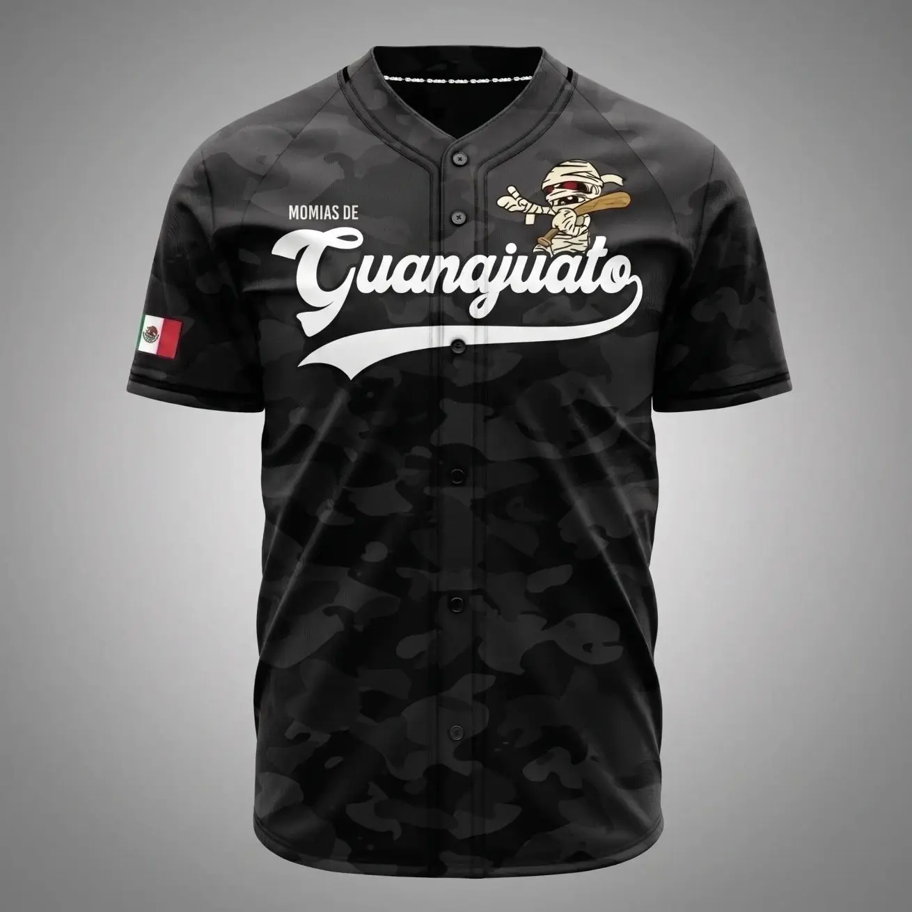 Momias de Guanajuato Black Camouflage Baseball Jersey – Mexican Heritage Mummy Graphic Button-Up Sports Shirt, Unisex Athletic Jersey