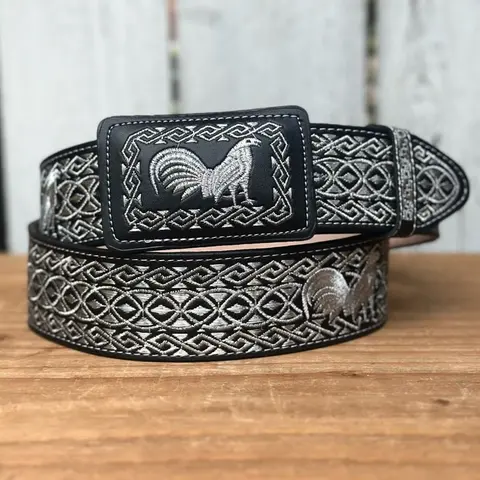 Black and Silver “Gallo” Western Style Belt Made with Genuine Leather and Metallic Thread Embroidery