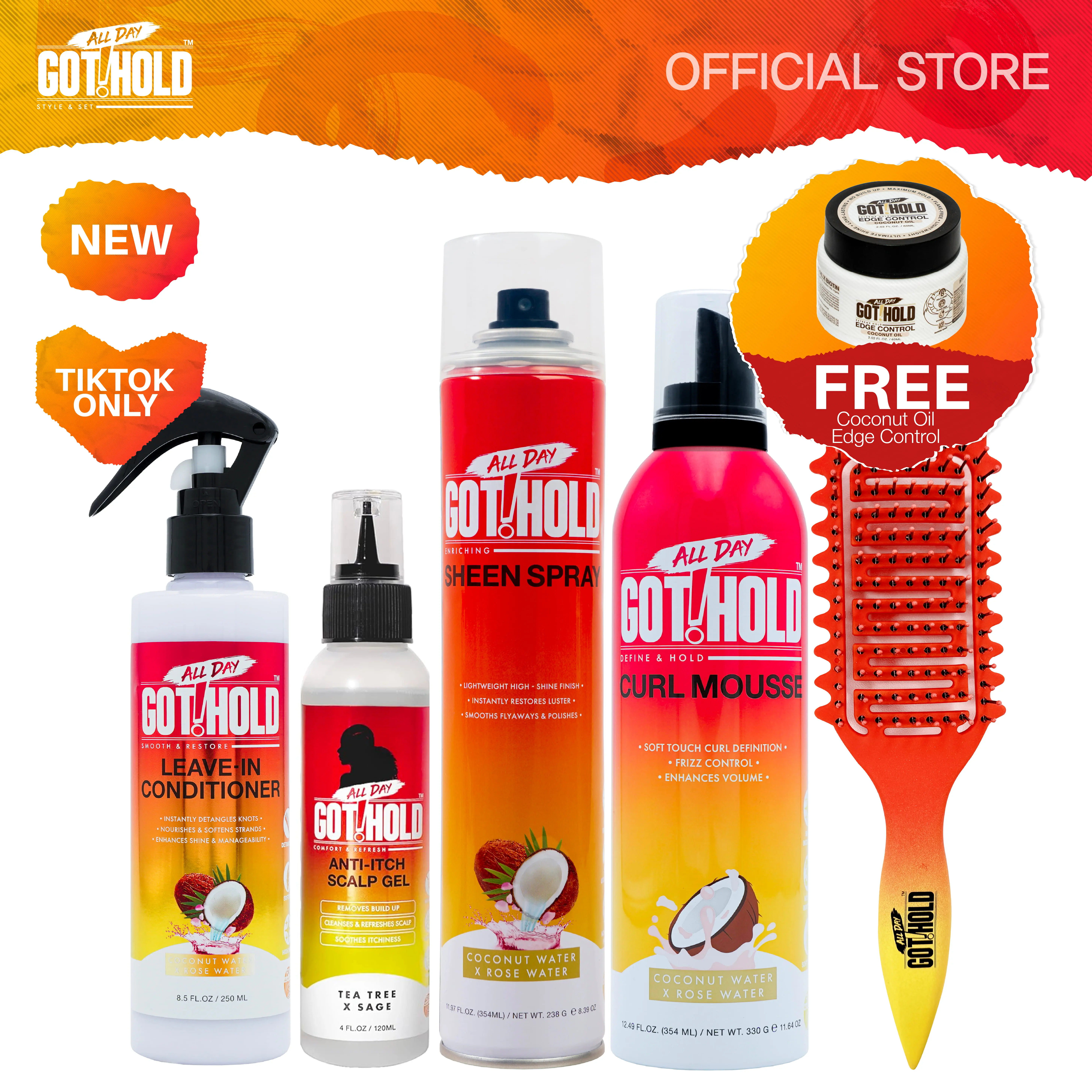 All Day Got Hold Complete Braiding Care Bundle for Knotless Braids, Boho Braids & Cornrows Mousse, Sheen Spray, Leave-In Conditioner, Anti-Itch Gel, Curl Brush & Free Edge Control