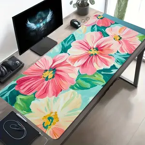 High Quality 1 Extra-Large Gaming Mouse Pad With Pink-Green Floral Oil Painting Design, Non-Slip Washable Rubber Base, Large Desk Mat Office Accessory, Computer Decor Dirt-Resistant Gaming Mouse Pad, Ideal Gift For Gamers, Extra-Long Desk Mat, Stylish Off