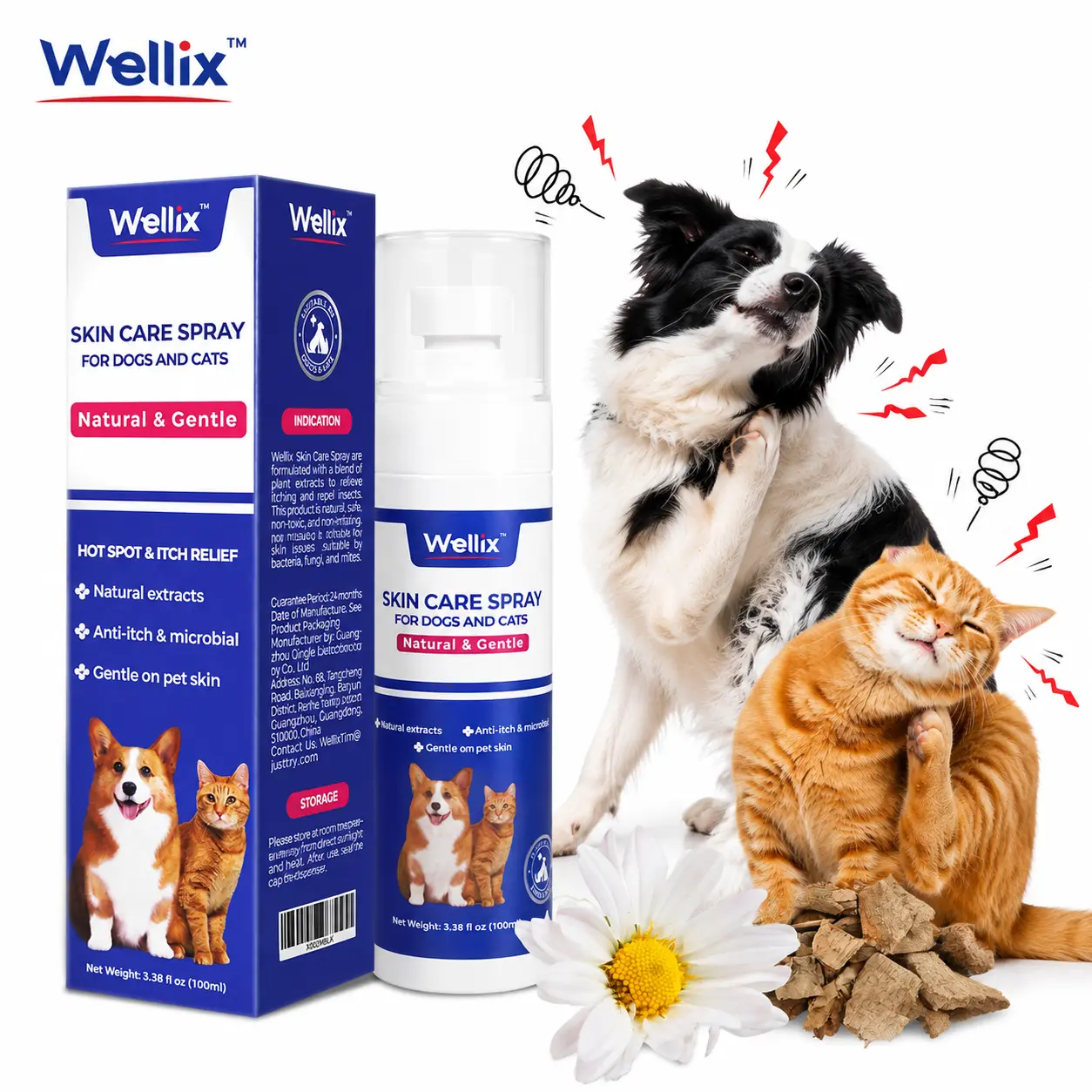 Wellix Hot Spot Spray for Dogs & Cats - Plant-Based Formula, Itch & Skin Relief, 80ml Pet Dander Remover Grooming Deodorizing Spray
