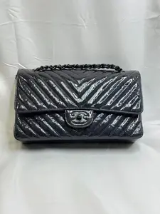 Pre-owned CHANEL patent Shoulder Bags Metallic Crumpled Calfskin Chevron Quilted Medium Double Flap So Black