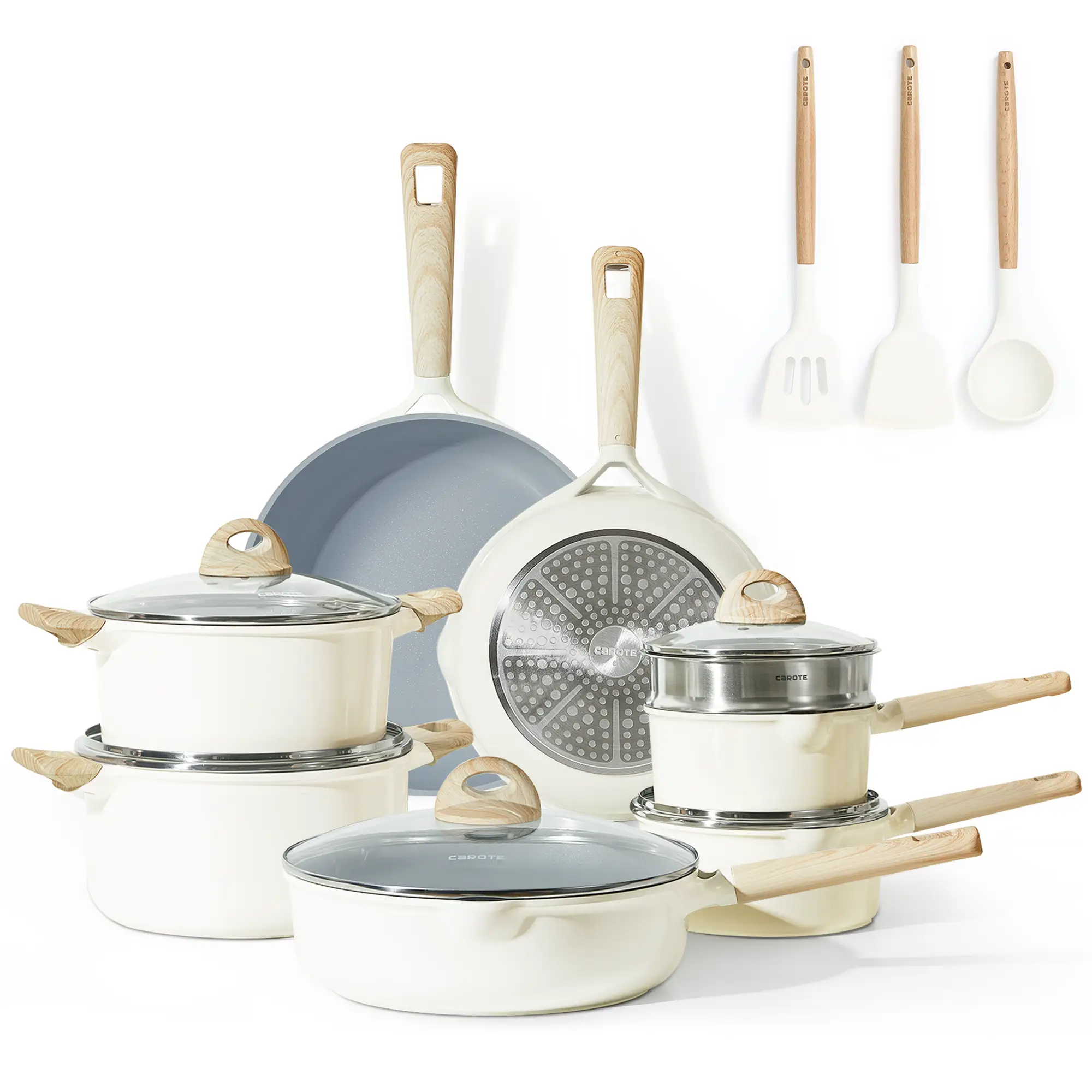 CAROTE Ceramic 16 Pieces Pans and Pots Set, Cream&Grey Nonstick Cookware Sets, Heat Distribution