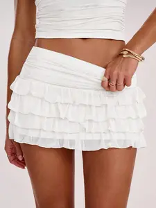 Women's Solid Color Ruched Waist Layered Ruffle Hem Fashionable Fashion Casual Skirt