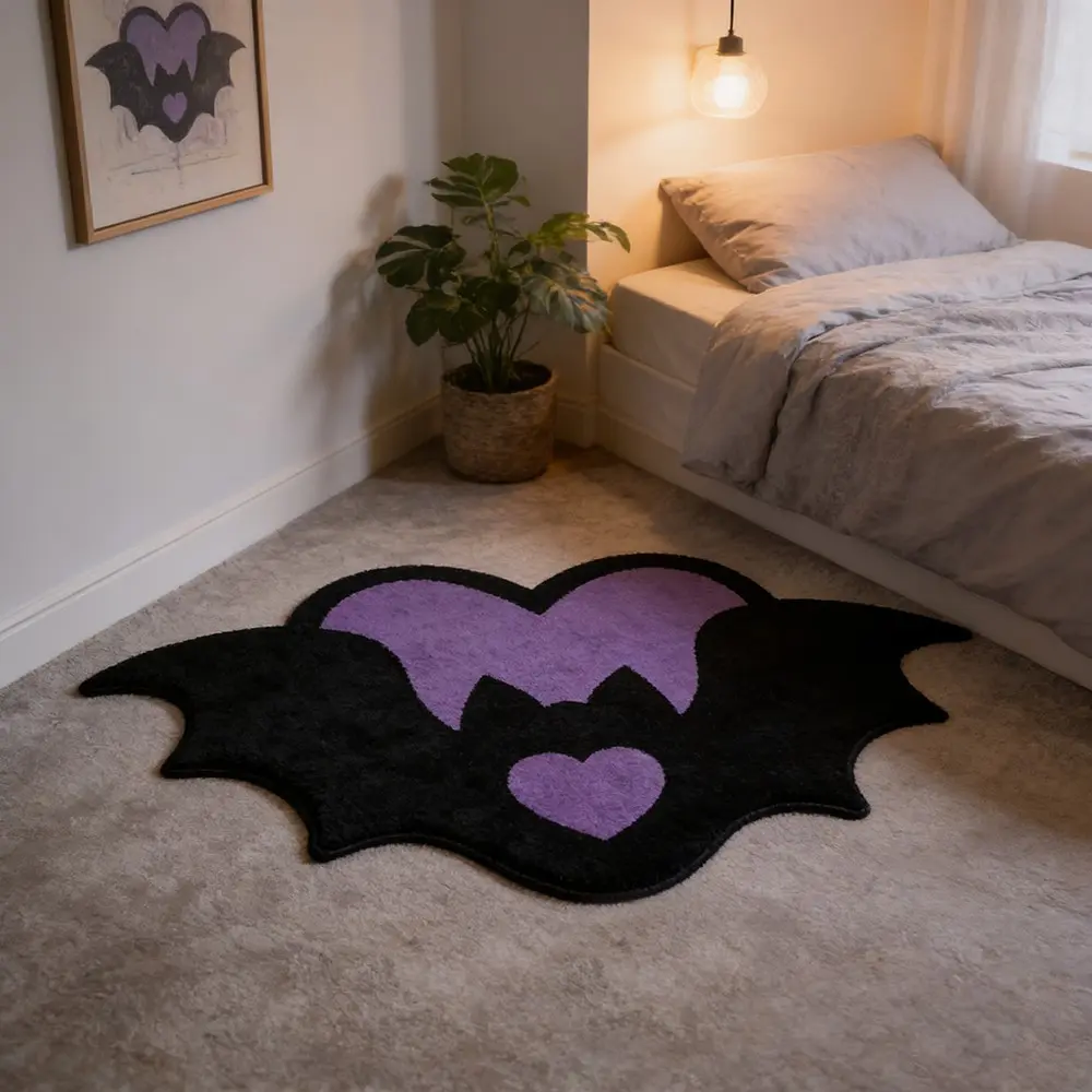 Gothic Style Bat Heart Shaped Rug, Gothic Decor, Decorative Fluffy Rug, Soft Comfortable Floor Mat, Washable Easy Clean Carpet, Washable Area Rug for Bedroom Living Room Bathroom, Washable Rugs
