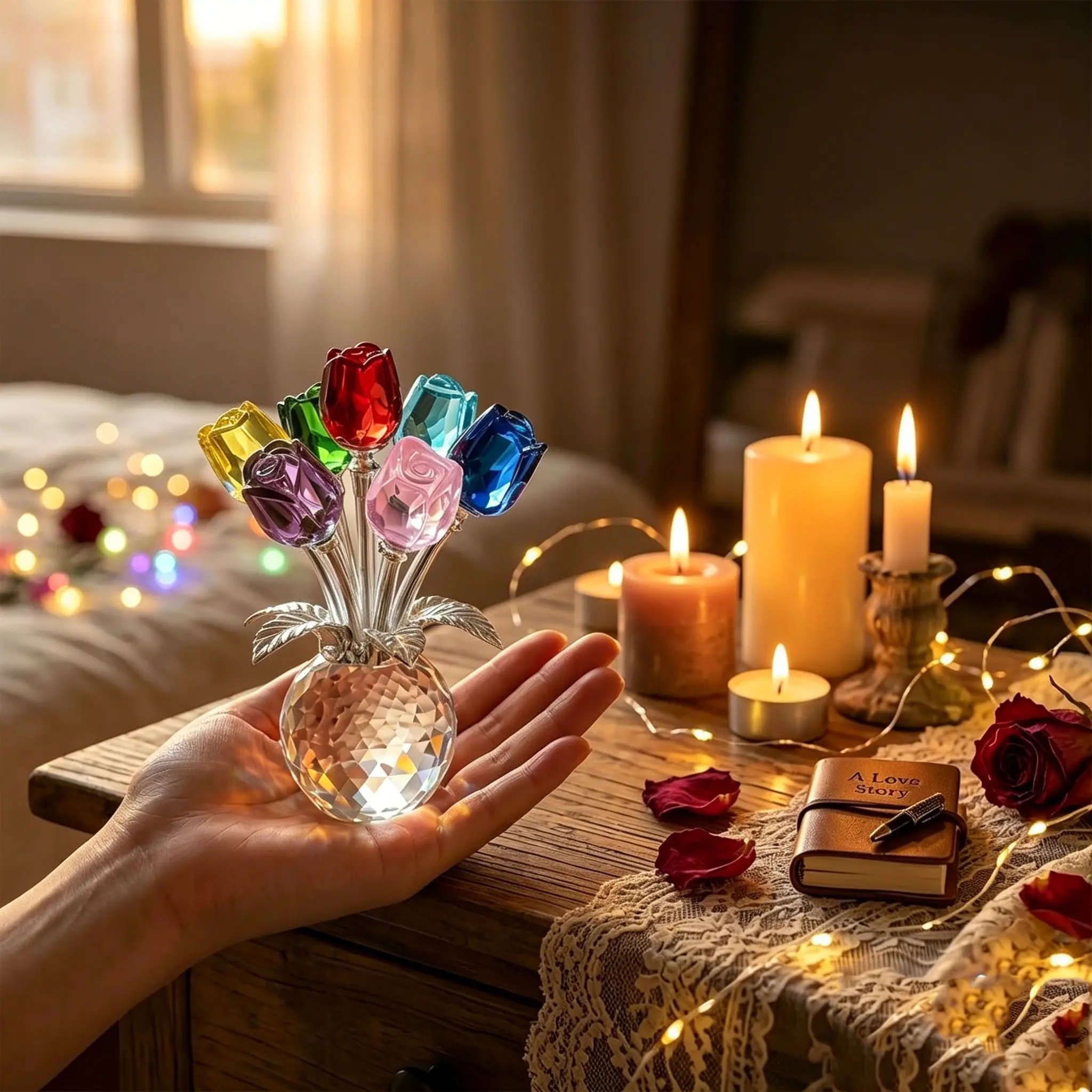 【Auction Exclusive】Colorful Crystal Rose Flower Bouquet with Vase, Traditional Industrial Wedding Theme Flower Bouquets, Women's Fashion Jewelry Gift for Black Friday
