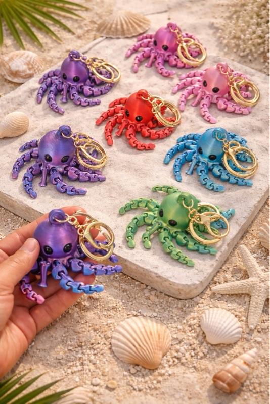 3D Print Machine Keychain - Colorful Octopus Design with Gold Chain for Stylish Accessory