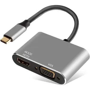 USB C to HDMI VGA Adapter, 2 in 1 Thunderbolt 3 Type-C to VGA 4K HDMI Converter for Dual Monitor Adapter Compatible with MacBook Pro, iPhone 16 15 Pro Max, Surface Pro, PC, etc