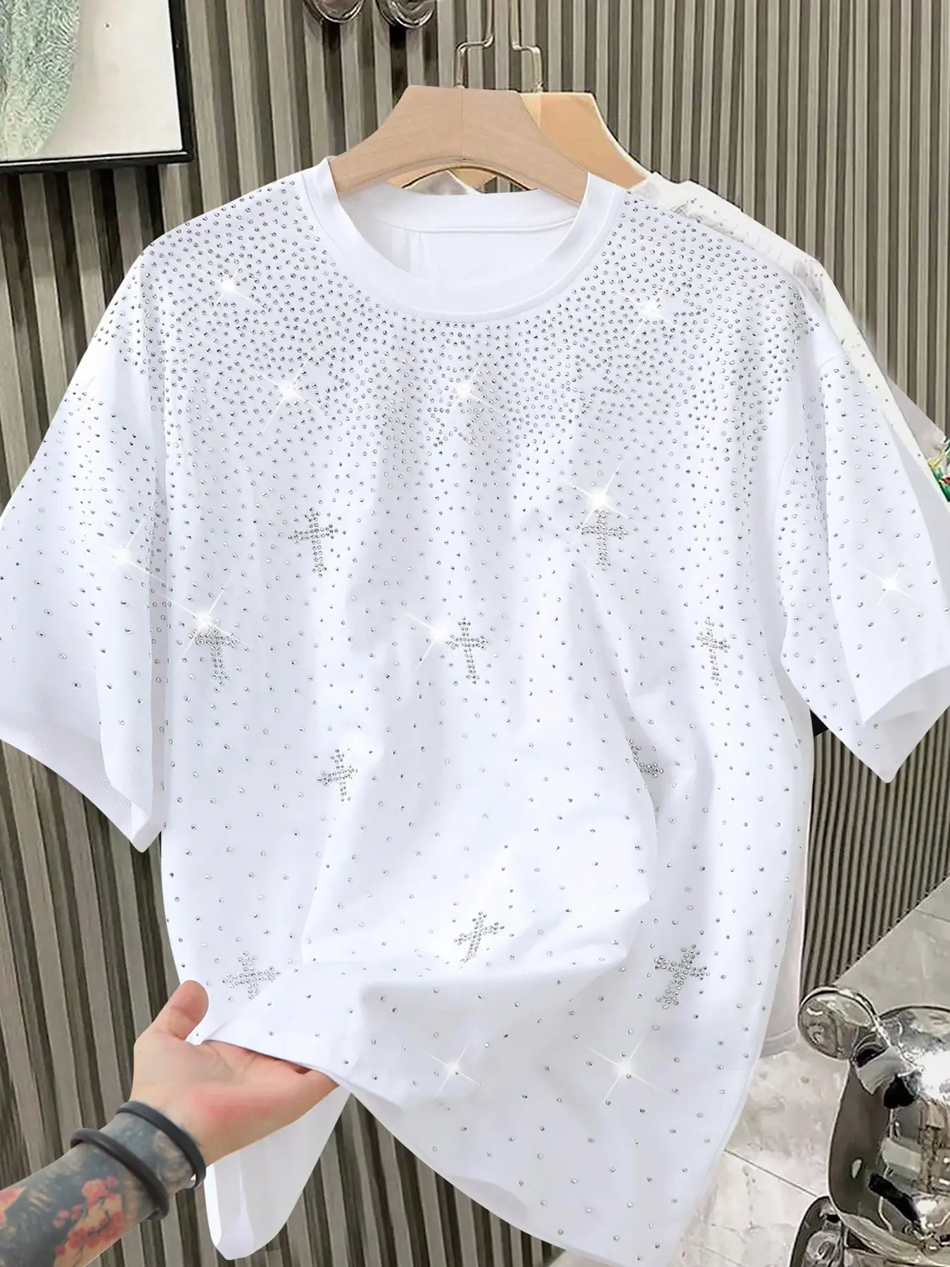 Trendy Cross-Studded Short Sleeve Tee Top, Base Sparkle Design, Oversized Fit, Streetwear Summer Essential, Luxurious Style