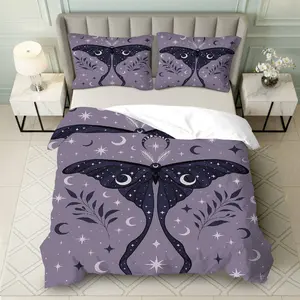 3PCS Duvet Cover Set, 1 Duvet+2 Pillowcases(Without filler), Celestial Magic Moth Night Stars Moon theme, Halloween bedding set, Galaxy-Inspired Suitable for decoration Bedroom Dorm Apartment Lounge