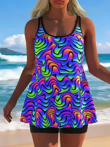 Women's Fashion Tankini Swimsuit Set, Tankini With Shorts, Colorful Small Dot Print, Beachwear for Summer 2026, Casual Style, Slim-Fitting