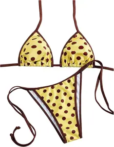 Women's Polka Dots 2 Piece Swimsuit Halter Triangle String Bikini Set Tie Side Bathing Suit