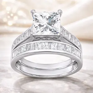 Princess Cut CZ Bridal Ring Set Silver Tone Paved Engagement Wedding Daily Wear Jewelry Accessories for Women Valentines&birthday Boujee Gifts for gf Mother's Day gift
