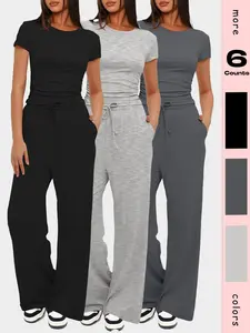 Women's Solid Ruched Tee & Wide Leg Pants Loungewear Set, Casual Comfy Round Neck Short Sleeve T-shirt & Trousers Pj Set, Ladies Sleepwear for Indoor Wear, Casual Pajama Sets