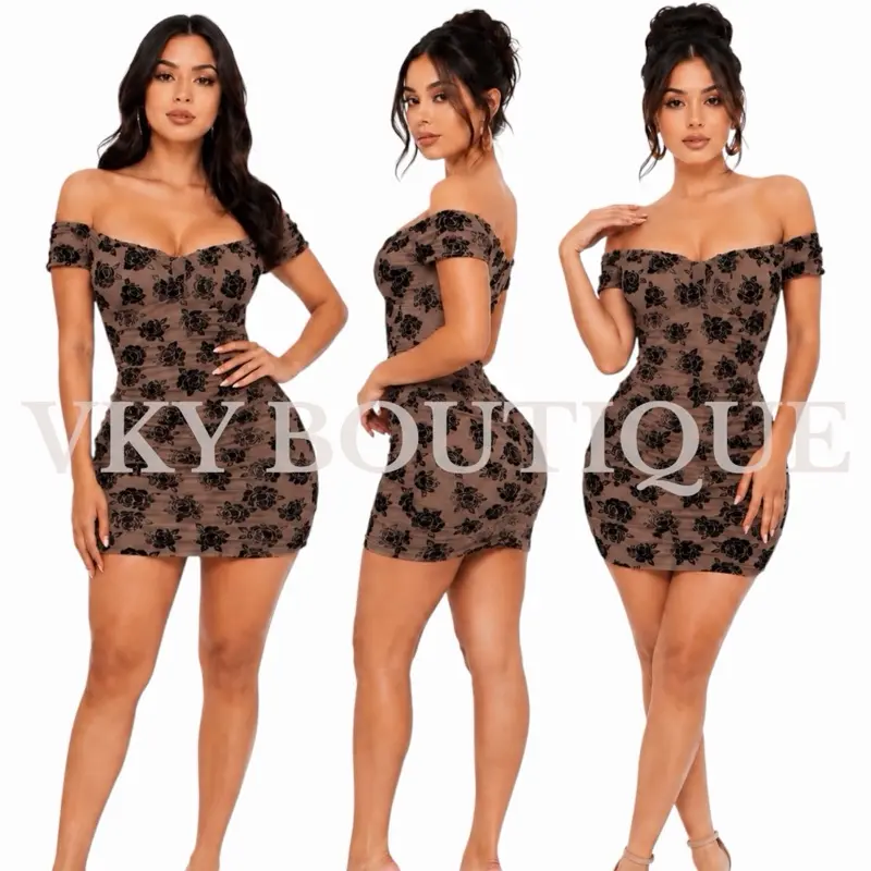 Off Shoulder Floral Ruched Mini Dress AS