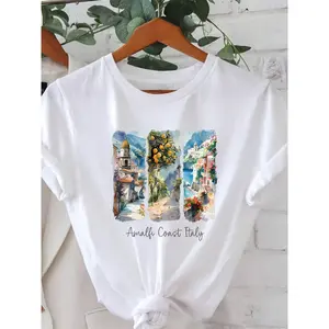 Women's Amalfi Coast Watercolor Graphic Print T-Shirt - Vibrant Italian Coastal Artwork, Breathable Short Sleeve Crew Neck Casual Top, Medium Stretch & Machine Washable for Spring & Summer, Beach T Shirt, Summer Clothing, Artistic Graphic Tee, Soft Fabric