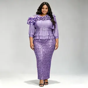 Plus Size Polyester Sequins Decor Half Sleeve Maxi Evening Gown, Elegant Formal Wear for Party & Banquet, All-Season Women's Clothes, Chic Womenswear for Spring Glow-Up & Summer Vibes