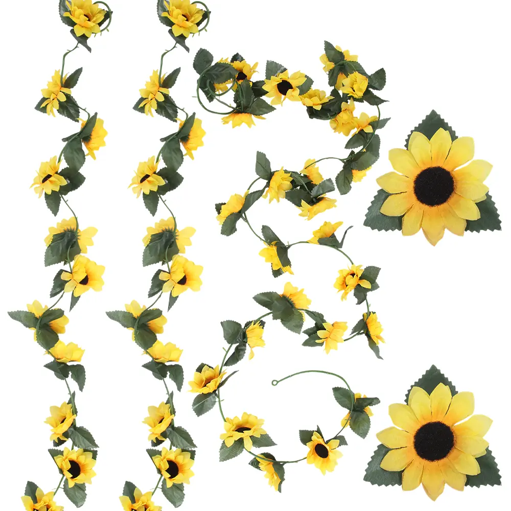 3-Pack 7.5ft Silk Decorative Artificial Sunflower Garland Vines - 10cm Diameter Fake Hanging Flower Strands with Lush Green Leaves, Durable Bridal Home Decor for Bathroom, Wedding Party Supplies