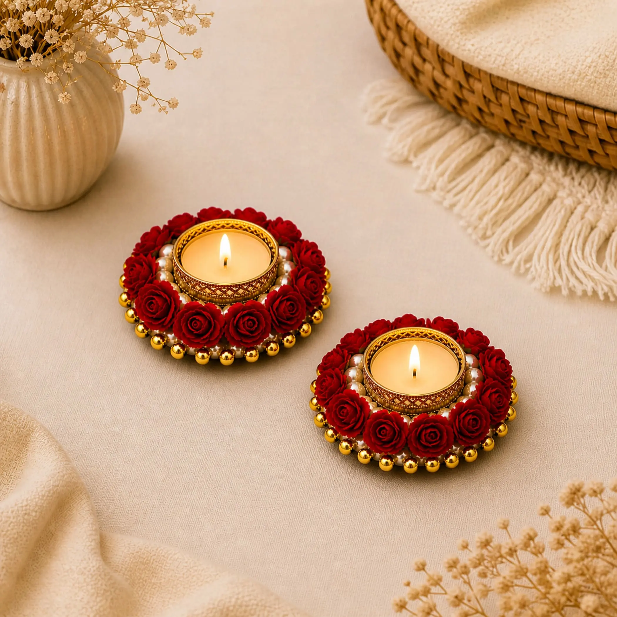 Exquisite Red Rose Tealight Candle Holder | Metal & Rhinestone | Ideal for Diwali, Christmas & Weddings | Sacred Ambiance | Perfect Gift