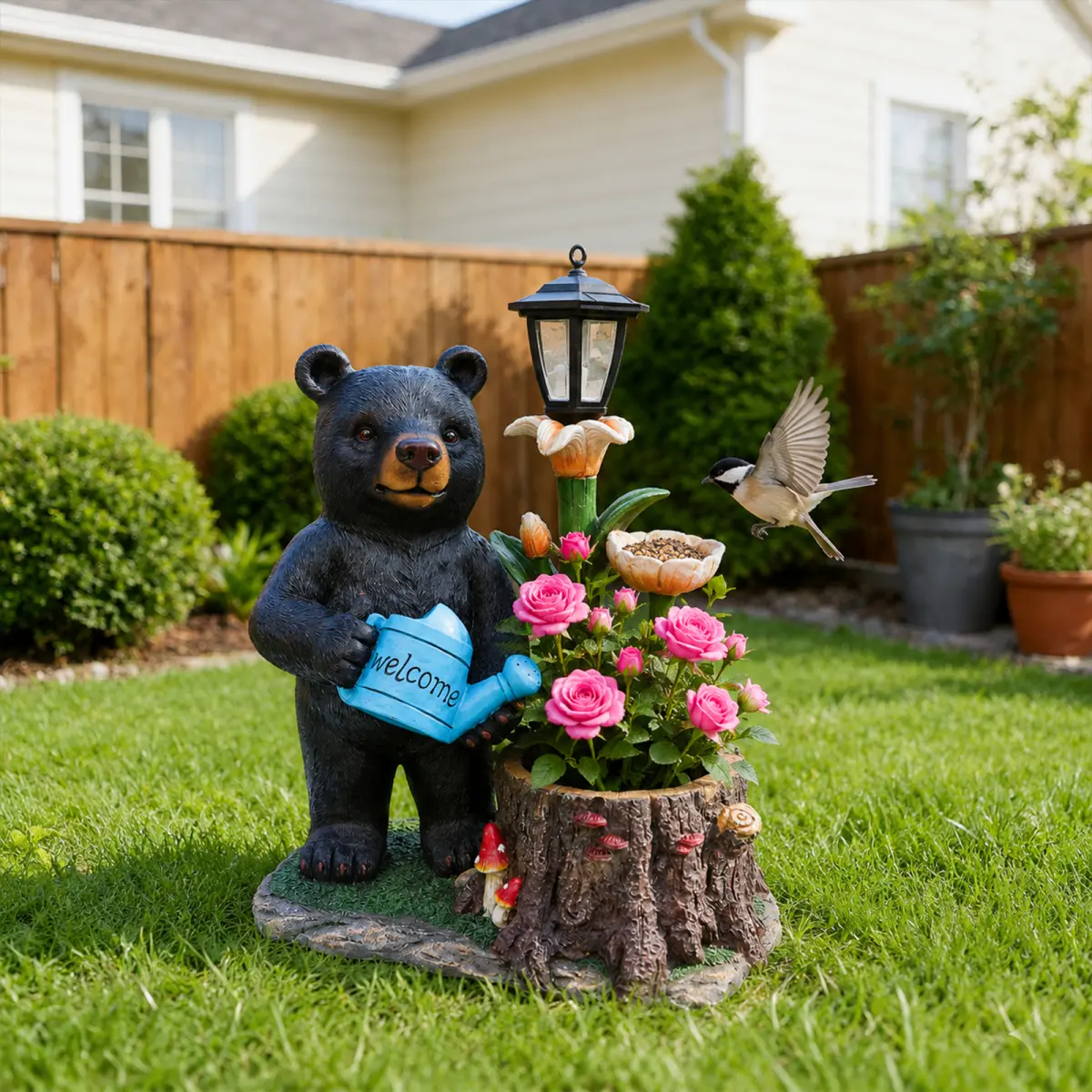 Standing Black Bear Garden Planter with Decorative Solar Lantern, Whimsical Polyresin Wildlife Flower Pot, Weather Resistant Outdoor Animal Plant Pot for Porch Patio Lawn Yard Backyard Garden Home Decor