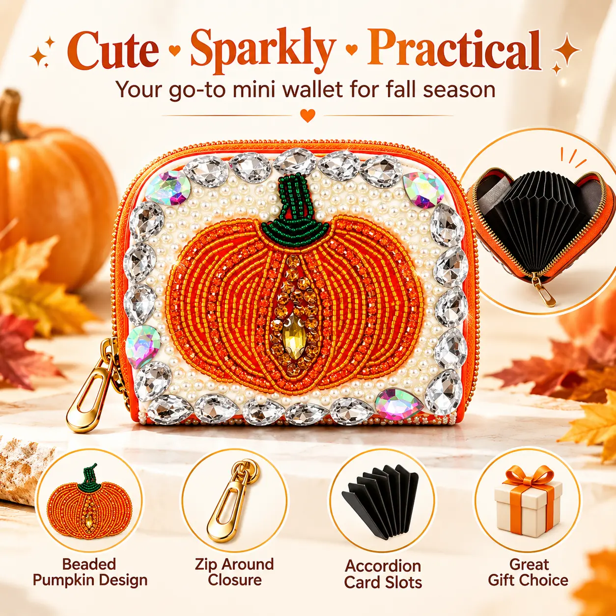 YOXLG Women's Pumpkin Bead Clutch Bag - Rhinestone Pearl Evening Crossbody with Removable Strap, Fall Halloween Party Handbag (Bags for Women, Purse Accessories, Clutch Purse, Party Look)