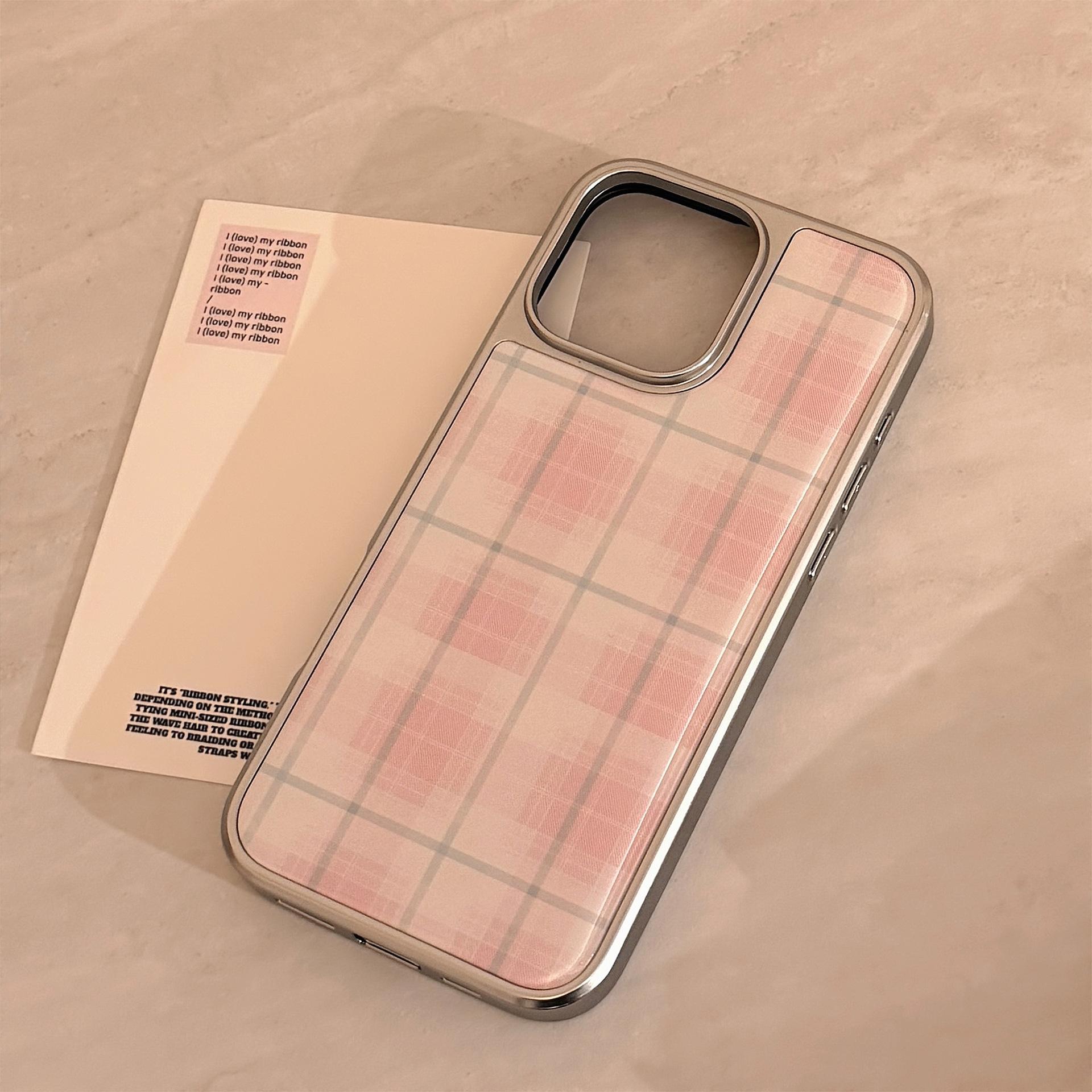 Pink Plaid Phone Case — Compatible with iPhone 16, 15 Pro Max, and 14 Models; Resin-Coated, Sweet Style, Electroplated Finish