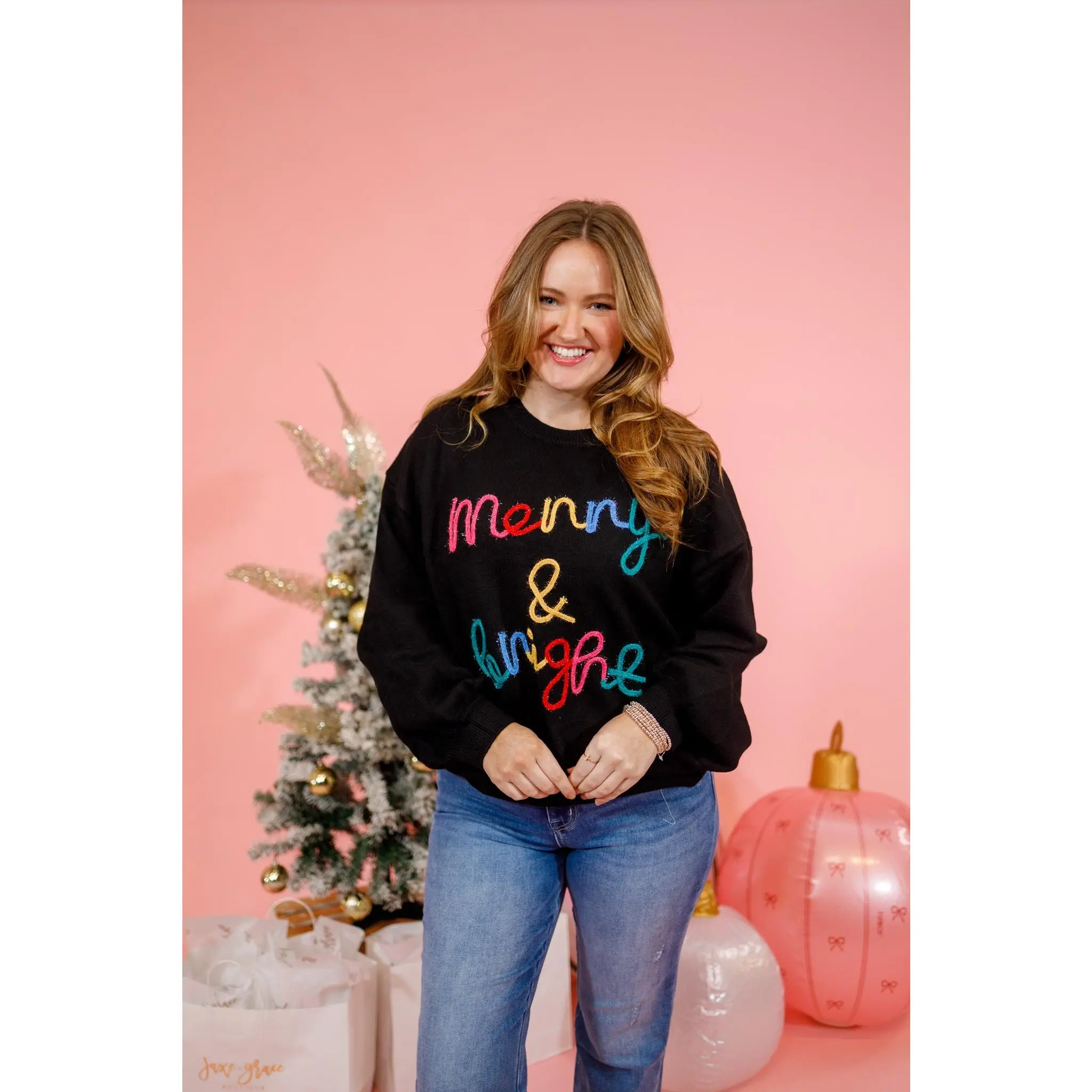 Curvy Black Merry & Bright Tinsel Sweater