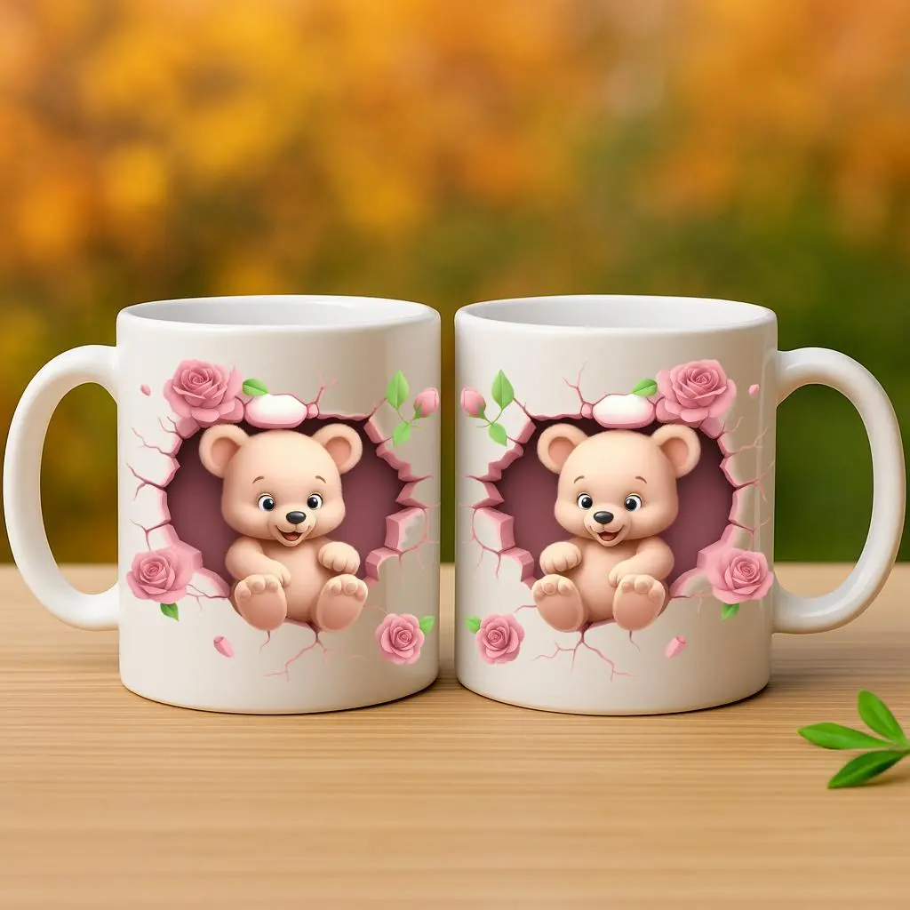 Cute Bear Mug with Pink Rose Floral 3D Cracked Wall Design, Adorable Baby Bear Illustration Coffee Cup, Sweet Ceramic Mug for Animal Lovers | Gifts for Kids | Home Decor | Hot Chocolate | Drinks | Novelty Gifts | Office Mugs |