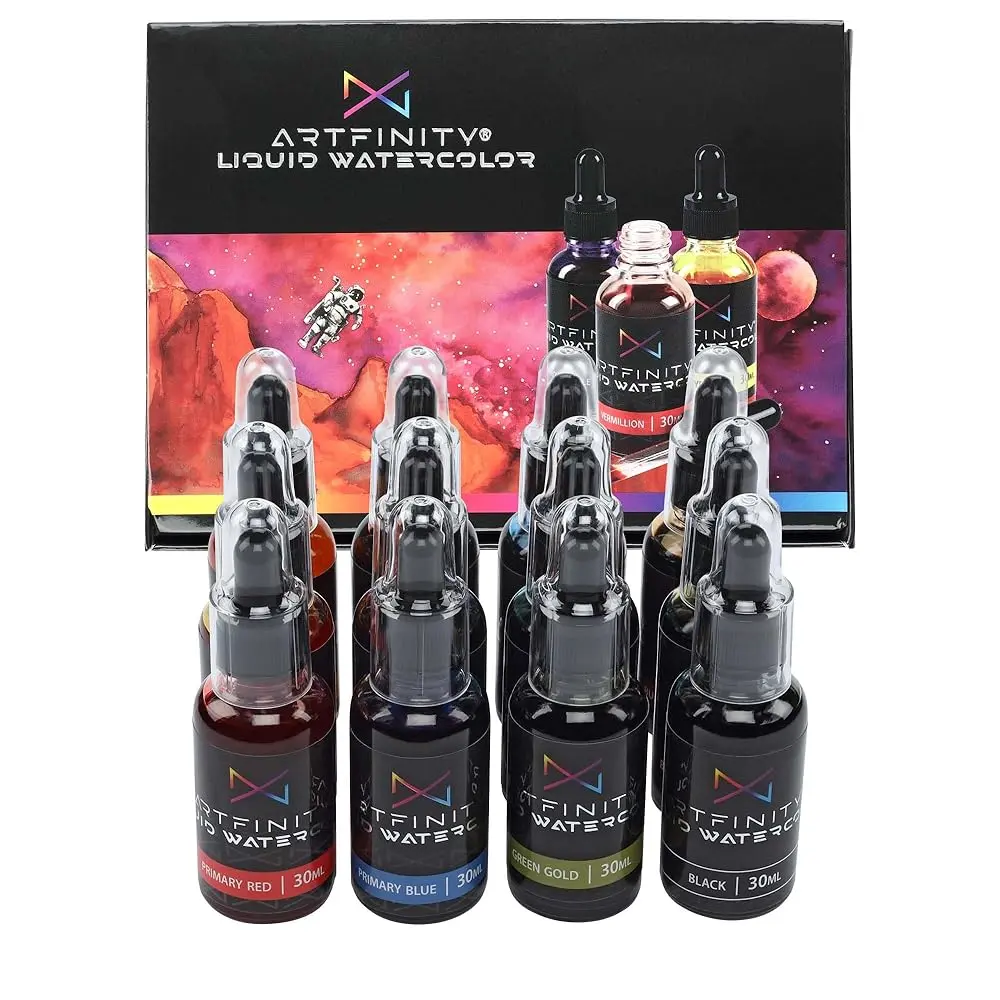 Artfinity 30 ml Liquid Watercolor Paint Set - 12 Vibrant Colors for Calligraphy & Art, Fast-Drying with Glass Pipette