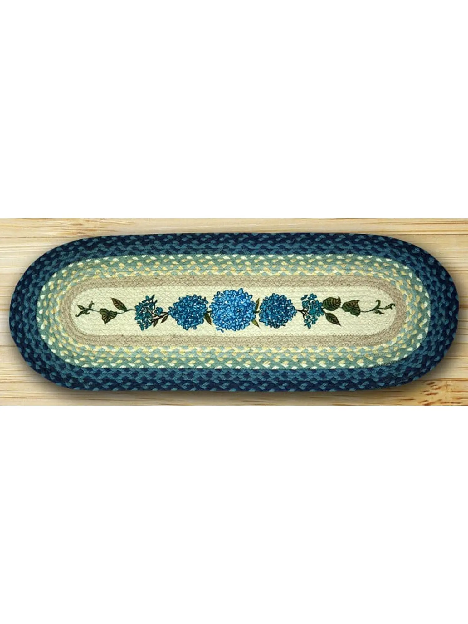 Earth Rugs Oval Shape Floral Motif Patch Printed Runner - Blue Hydrangea, Biodegradable Room Decor, House Decor Carpet, Hand-Stenciled, Indoor Runners