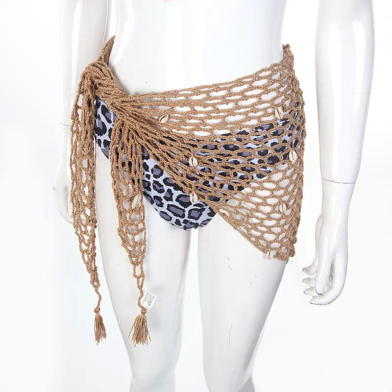 Women's Triangle Wrap Fishnet Solid Color Shells Swimsuit Coverup - Skirt Bikini Cover-Up Shawl, Bathing Suit Cover, Beach Outdoor Wear for Summer Sports & Outdoor Use, One Size