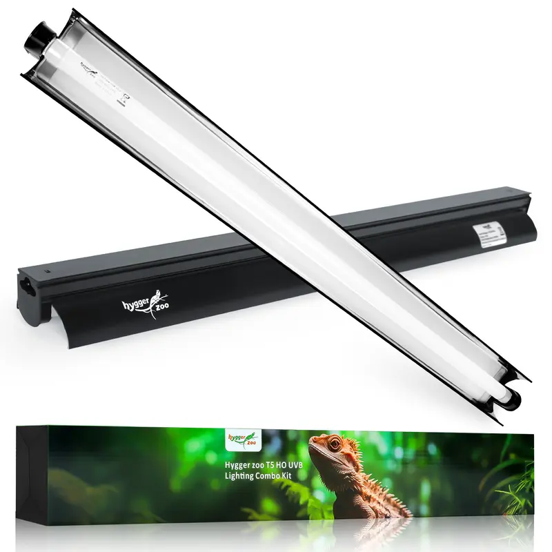 hygger T5 Reptile Light Fixture Combo Kit - 24W Fluorescent Tube Terrarium Hood with 10.0 UVB Bulb, 12"/21.6" Fit, Easy Install, Detachable Cord, Mesh/Wood Mount, Sun-Mimicking, for Bearded Dragons, Snakes, Turtles