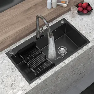Black Kitchen Sink Stainless Steel Drop In Sinks Top Mount 28" 30" 32" Inch Single Bowl with Faucet Retractable drain basket Modern Design Durability