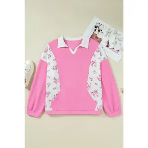 Pink Plus Size Contrast Polo Collar Floral Patchwork Elastic Cuffs Long Sleeve Top