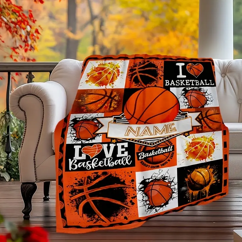 Customizable Basketball-Thematic Polyester Throw Blanket - Soft, Warm for Home-Office Indoor Use, Ideal Gift for Sports Fans, Basketball-Themed, Thematic Print