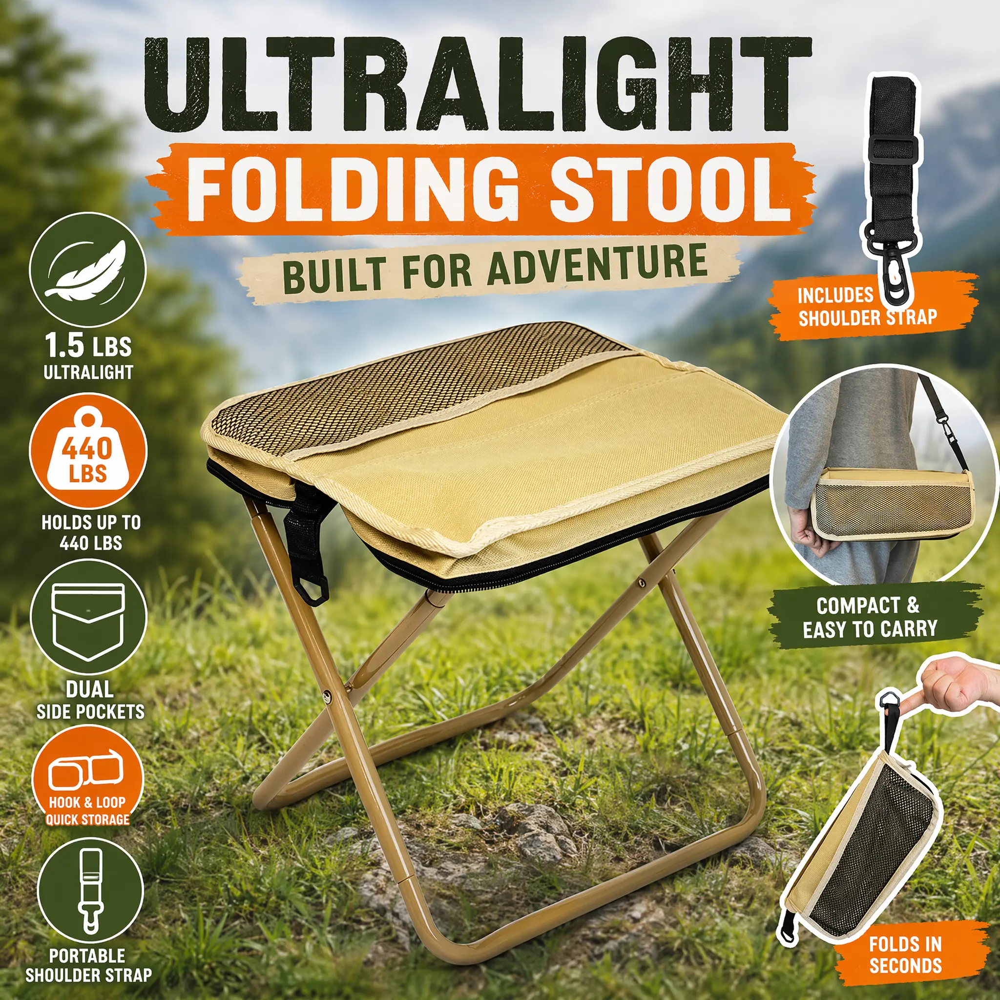 Portable Outdoor Folding Chair with Shoulder Strap, 1.5 lbs ultra light, Max Load Capacity 440lbs, Two side pockets & Velcro storage, For Queuing, Fishing, Hiking Tours, BBQ, Parties, Elderly, Camping equipment, Camping supplies, Camping Chairs