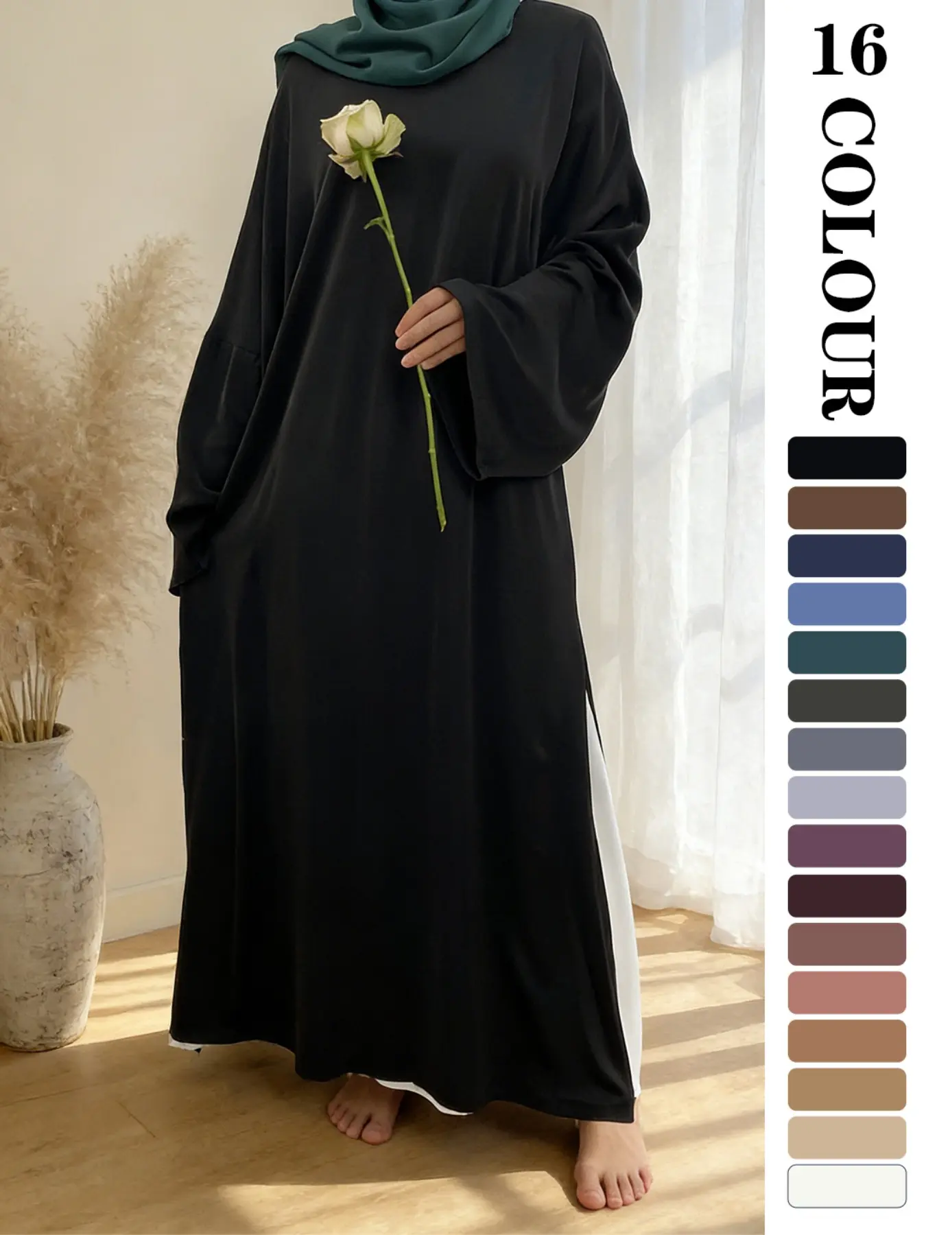 Muslim Sleepwear Nida Fabric, Modest Muslim Clothing, 16 colour Available in 5 Sizes,  Breathable Loose Fit, Side Slit Design, Casual Long Robe, Muslim Women Clothing, Not Included   inner and Hijab
