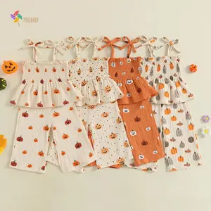Toddler Baby Little Girl Halloween Outfit Pumpkin Smocked Tie-up Spaghetti Strap Babydoll Tops Wide Leg Pants Set 6M-5Y