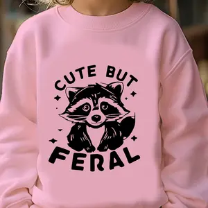 Cute Cotton children's Sweatshirt  with "CUTE BUT FERAL"  raccoon pattern Outfits Raccoon Letter Print Crew Neck  Printed Animal  And Sweatshirt  Exclusive outfits for cute girls Cute raccoon pattern Sweatshirt