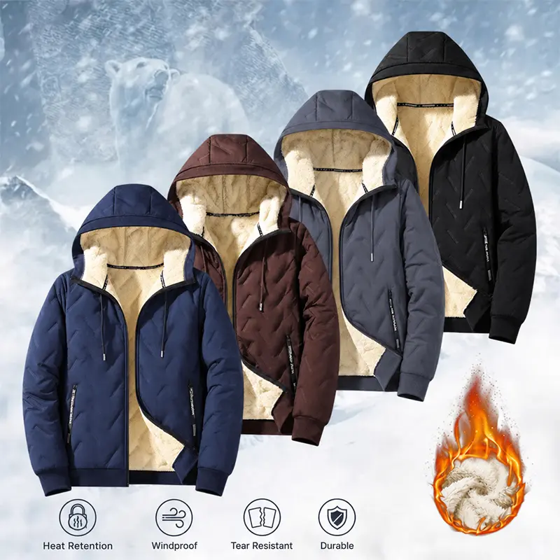 Men’s plus-size fleece-lined thick hooded jacket for autumn/winter, plush fleece lining locks in warmth, zippered pockets, outdoor windproof outerwear, winter everyday commuting outerwear