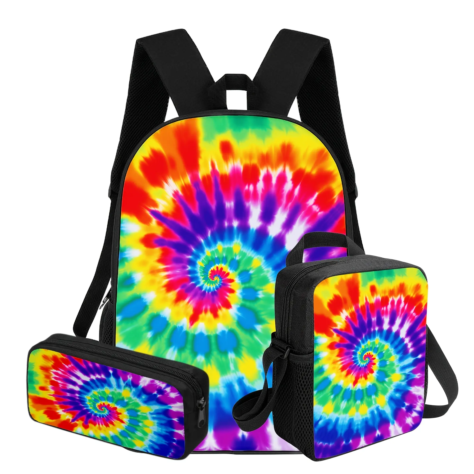 3Pcs Rainbow Tie-Dye Backpack Set (Back to School Haul), 600D Oxford Cloth, Insulated Lunch Box & Pencil Case Combo, Adjustable Breathable Straps, Large Capacity for 15in Laptop, Top Handle, Rainbow Spiral, for Kids Campus Life