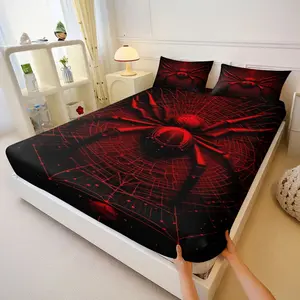 3Pcs Menacing Red Spider Fitted Sheet Set with Intricate Web Design, Perfect for Bold Bedroom Decor, Evoke Danger and Intrigue in Your Sleep Space, Soft Bedding Sheet, Durable and Comfortable Fabric, Lncludes 1 Fitted Sheet, With 2 Coreless Pillowcases