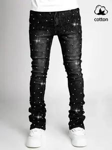 Sparkle Denim Jeans, High-Waisted Straight Fit, Casual Street Style, Perfect for All Seasons, Comfortable Button Fly Closure