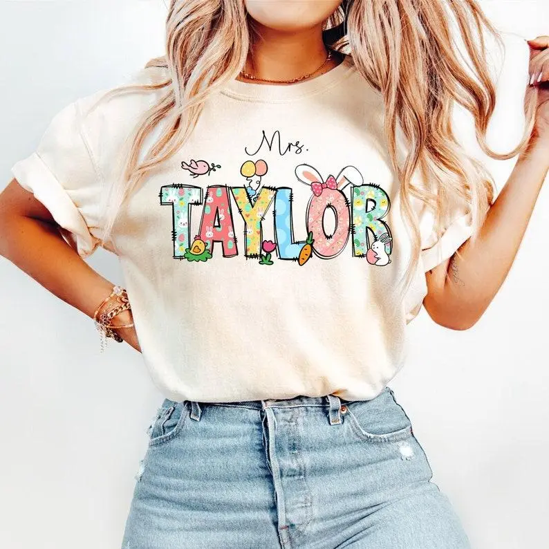 Personalized Easter Teacher Name Shirt, Custom Easter Teacher Shirt, Cute Teacher Shirt, Custom Shirt, Easter Day Gift, Custom Easter Shirt