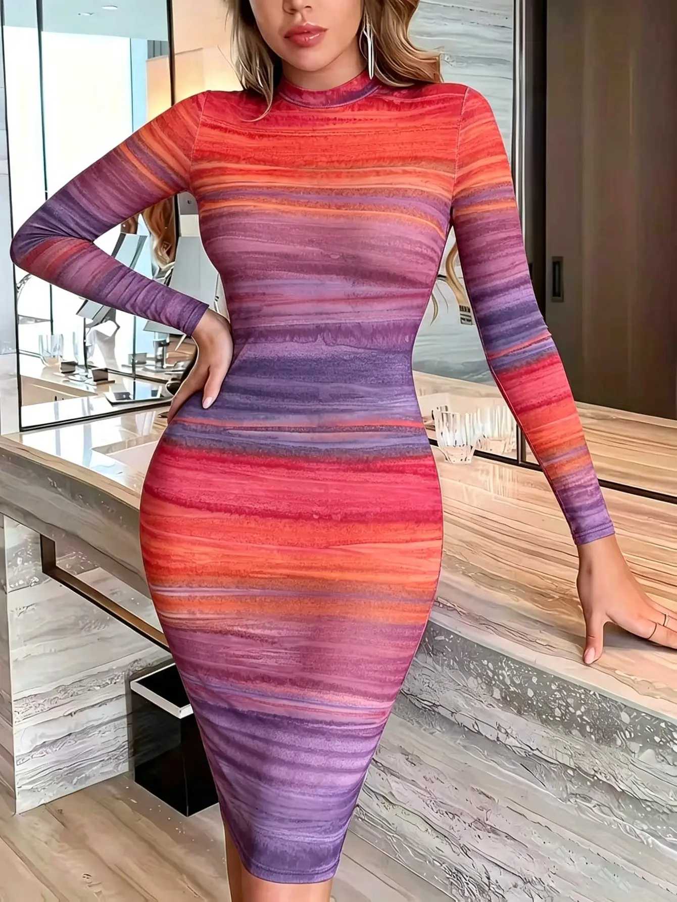 Plus-size women’s long-sleeve gradient striped slim-fit midi dress with a fashionable mock neck—a figure-flattering, bodycon, hip-hugging design suitable for dates, nightclubs, parties, and everyday casual wear; elegant womenswear.