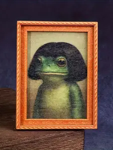 1pc Mini Frame-Shaped Refrigerator Decorating Magnet, Portrait of the Big Mouth Frog, Frog with Funny Center Part Hairstyle,  Whimsical Frog, Fun Home Decor, Holiday Gift